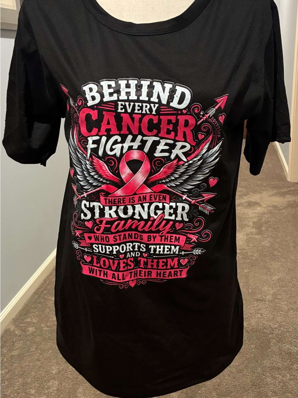 Supportive Cancer Fighter Tee - Black with Pink Ribbon